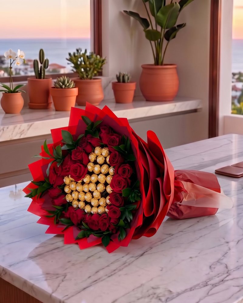 Ramo de 25 rosas rojas con 30 chocolates Ferrero Rocher en forma de corazón, florería en Puerto Vallarta
